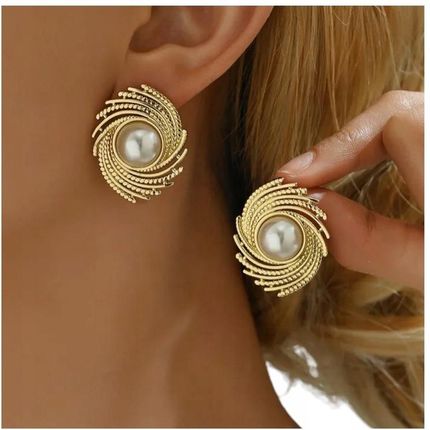 Galeria Jubilerska Kolczyki Kolor Złote Perła Perełka Skręcane Grawerowane Stal Nierdzewna33mm