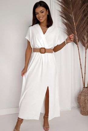 Sukienka długa z ozdobnym paskiem-Ecru - Uniwersalny