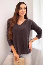 Zdjęcie Sweter damski z miękkiej dzianiny z dekoltem V brązowy - Łódź