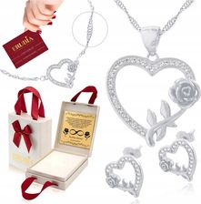 Komplet Biżuterii Srebrnej Róża 55 cm Serce 925 Prezent Dla Mamy + Grawer