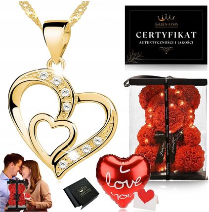 Golden Haus Złoty Naszyjnik Serce 925 + Miś Z Róż / Prezent Dla Żony Na Rocznicę Ślubu