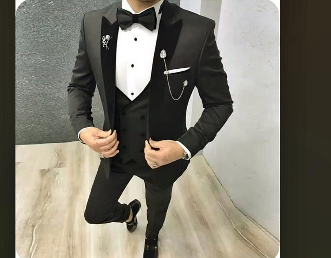 Ekskluzywny czarny Garnitur wieczorowy męski slim fit smoking ślubny L ...