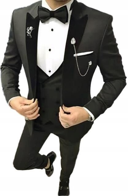 Ekskluzywny czarny Garnitur wieczorowy męski slim fit smoking ślubny L ...