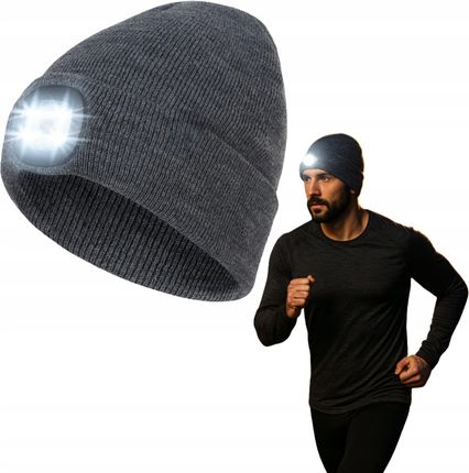 Zimowa Czapka Z Latarką Led czołówka robocza do biegania z lampką szara