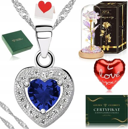 Golden Celebrity Srebrny Naszyjnik Serce Serduszko 925 Z Cyrkoniami Łańcuszek Zawieszka Róża