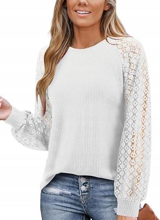 Damska Koszula Elegancka Koronkowa Bluzka Tunika Długi Rękaw Biała L
