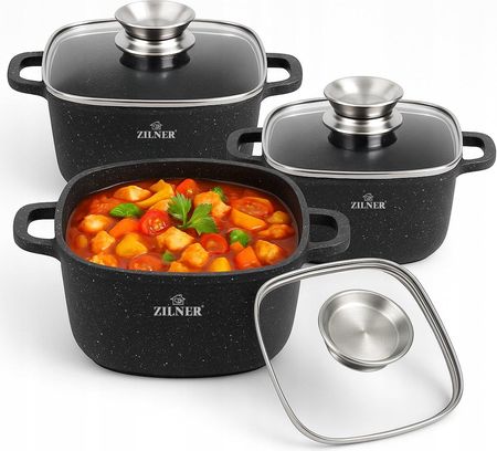 Zilner Komplet Garnków Marmurkowych Kwadratowe Na Indukcję Gaz Zestaw Garnki 6 Ele (ZILNER7019)