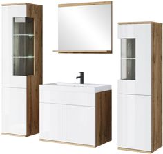 Zdjęcie Bratex Meble do łazienki LED: szafka umywalkowa, słupek łazienkowy Nairobi biały połysk/dąb wotan (10767) - Piastów