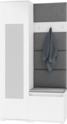 Pkmebel Biała garderoba do przedpokoju z szafą i siedziskiem Emi 13 z panelami tapicerowanymi Trinity 15 (11231)
