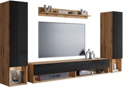 Zdjęcie Bratex Meblościanka podwieszana RTV zestaw mebli telewizyjnych Amadeo II dąb wotan/czarny połysk (11043) - Ożarów Mazowiecki