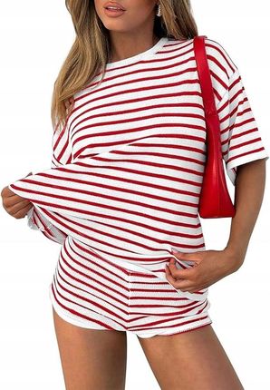 Damski Dres Dwuczęściowy Komplet w Paski Krótki Rękaw Czerwony XL