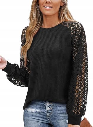 Damska Bluzka Elegancka Sweter Koronkowy Długi Rękaw Czarna Bawełniana XL