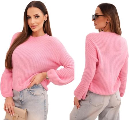 Jasno różowy sweter damski z baby alpaki z bufiastymi rękawami