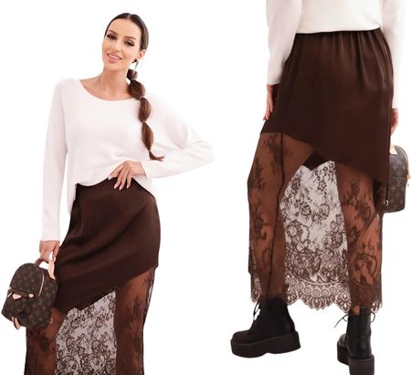 Brązowa spódnica damska wiskozowa z koronką