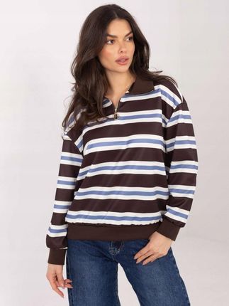 Czekoladowa bluza damska oversize w paski z kołnierzykiem zamek Italy Moda
