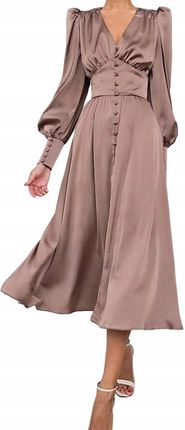 Damska Sukienka Maxi Satynowa Elegancka Vintage Bufiaste Rękawy Brązowa XS