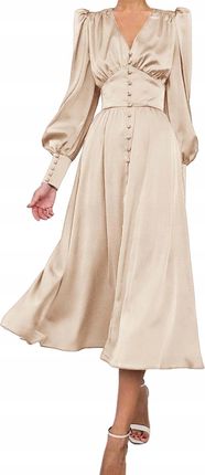 Damska Sukienka Maxi Satynowa Elegancka Vintage Bufiaste Rękawy Beżowa XS