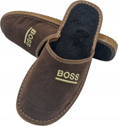 KAPCIE MĘSKIE SKÓRZANE OCIEPLANE PANTOFLE KLAPKI BRĄZOWE Z NAPISEM r. 42