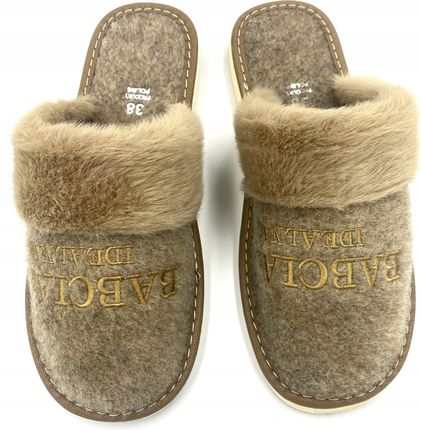 KAPCIE DAMSKIE NA PREZENT DLA BABCI PANTOFLE Z FUTERKIEM HAFT CIEPŁE r. 38