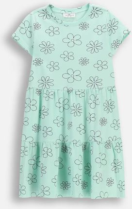 Sukienka dzianinowa z krótkim rękawem miętowa z nadrukiem w kwiaty na całości
