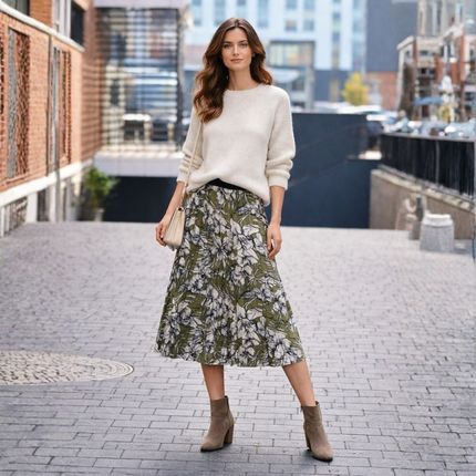 Spódnica Damska Plisowana w Kwiaty Włoska Zielona