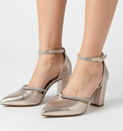 Sandały ślubne damskie Marco Tozzi, z metalicznym wykończeniem i szpiczastym noskiem posiada pasek wokół kostki, złote, 2-82404-42 957