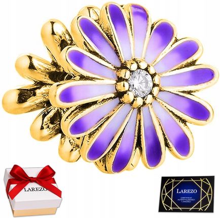 Larezo Złoty Charms Fioletowy Kwiat Kwiatek Bratek Beads Cyrkonia SREBRO 925