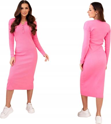 Różowa sukienka damska bawełniana prążkowana midi z długim rękawem