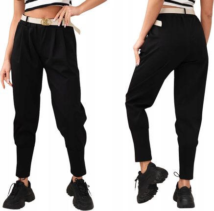 Czarne spodnie damskie z wysokim stanem,paskiem i zwężaną nogawką