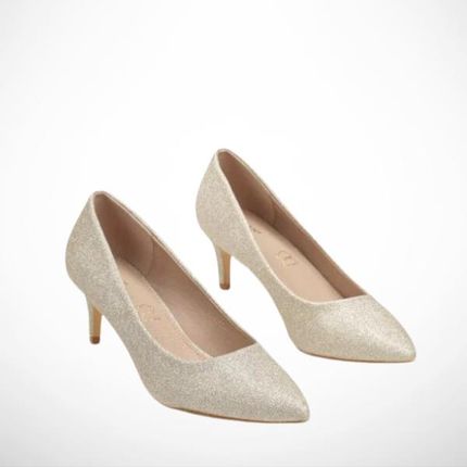 Złote Czółenka Damskie na Szpilce ze Skórzaną Wkładką Brokatowe 2348B