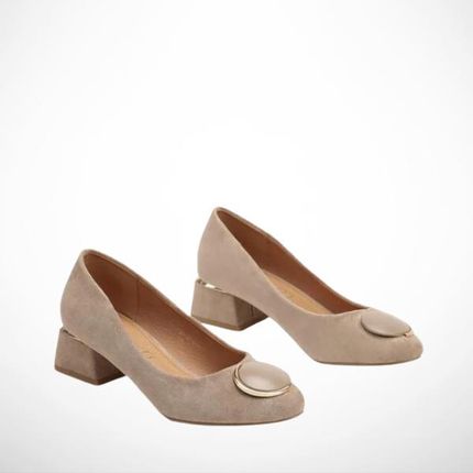 Beżowe Czółenka Damskie Na Obcasie Ze Skórzaną Wkładką 2352B