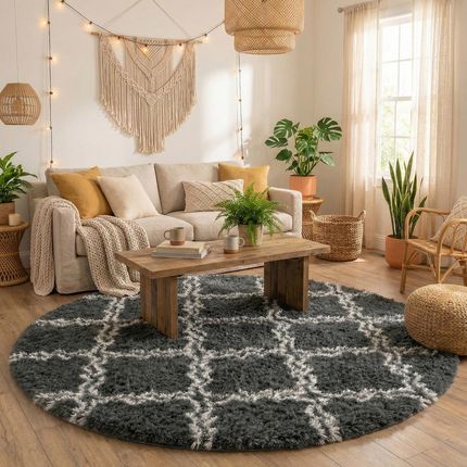 Dywan Okrągły Do Salonu Shaggy Decor Antypoślizgowy Miękki Puszysty 140X140 Grey Lantern
