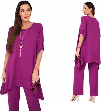 Bakłażanowy komplet damski z naszyjnikiem: Tunika i luźne spodnie