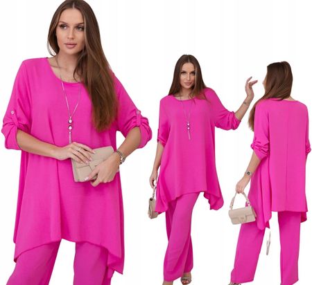 Fuksjowy komplet damski z naszyjnikiem: Tunika i luźne spodnie