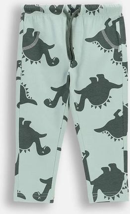 Spodnie dresowe miętowe z wiązaniem w pasie i nadrukiem dinozaurów na całości