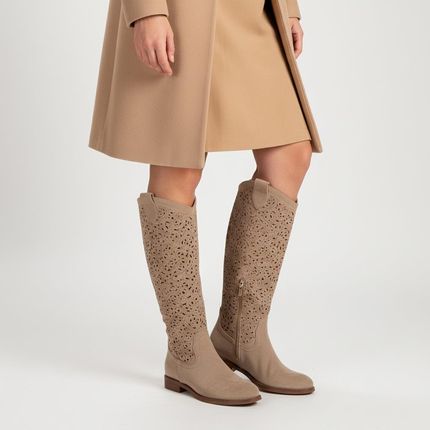 Kozaki damskie S.Barski, ażurowa cholewka do kolana zamek z boku niski obcas lekka podeszwa styl codzienny, beżowe, HY61-8023