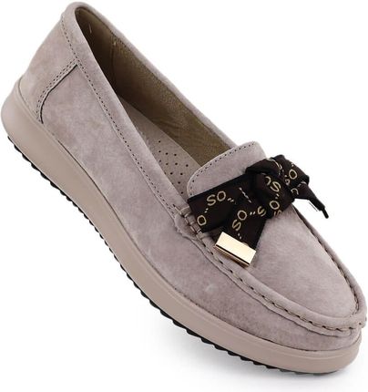 Skórzane mokasyny zamszowe z kokardą beżowe Filippo DP6457