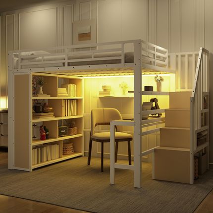 Flieks Łóżko piętrowe Biały 140x200 cm z biurkiem i półką, metalowe z LED, z listwami i zabezpieczeniem przed wypadnięciem