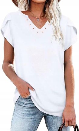 Bluzka Damska Oddychająca V-Neck Krótki Rękaw T-Shirt Casual Biała XL