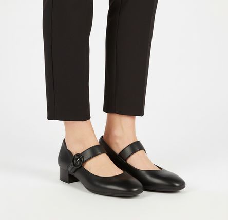 Czółenka damskie Rieker, stabilny niski obcas klasyczny fason pasek z zapięciem miękka cholewka wygodne dopasowanie elegancki charakter, czarne, 43455