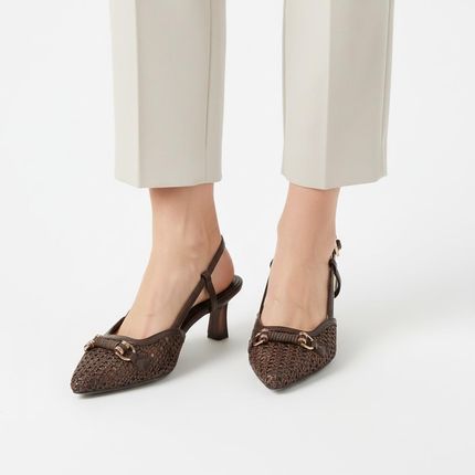 Czółenka damskie Tamaris, szpiczasty nosek odkryta pięta regulowany pasek stabilny obcas pleciona faktura ozdobny detal elegancki charakter, brązowe,
