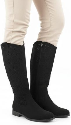 Kozaki damskie S.Barski, cholewka z materiału perforowana konstrukcja wysoka forma stabilny niski obcas miękka wkładka wygodne zapinane na suwak, czar