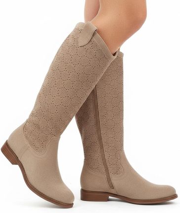 Kozaki damskie S.Barski, cholewka z materiału zapinane na suwak elegancki fason w stylu boho, beżowe, HY61-8022