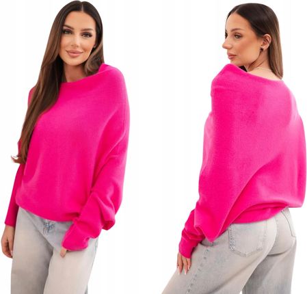 Fuksja sweter damski asymetryczny oversize szerokim dekoltem