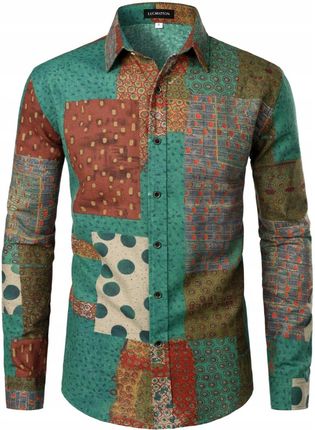 Męska Koszula Lniana w Kratę Elegancka Stylowa Zielona Czerwona Slim Fit S