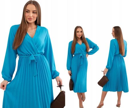 Turkusowa elegancka sukienka damska wiązana z plisowanym dołem