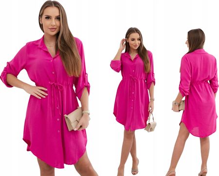 Fuksja damska sukienka koszulowa z guzikami i wiązaniem w talii