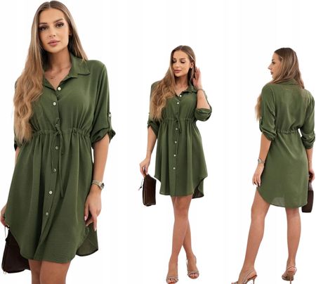 Khaki damska sukienka koszulowa z guzikami i wiązaniem w talii