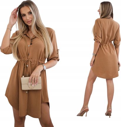 Ciemny camel damska sukienka koszulowa z guzikami i wiązaniem w talii