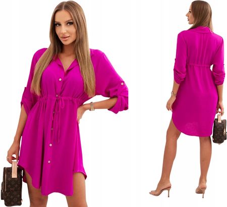 Fioletowa damska sukienka koszulowa z guzikami i wiązaniem w talii